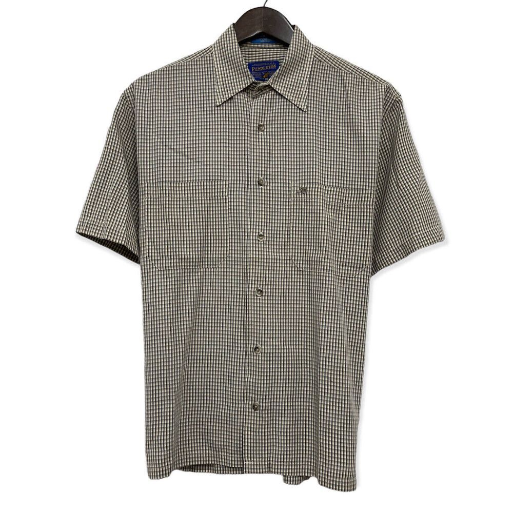 Pendleton Men's Khaki Plaid Short Sleeve Button Front Double Pocket Shirt S euc